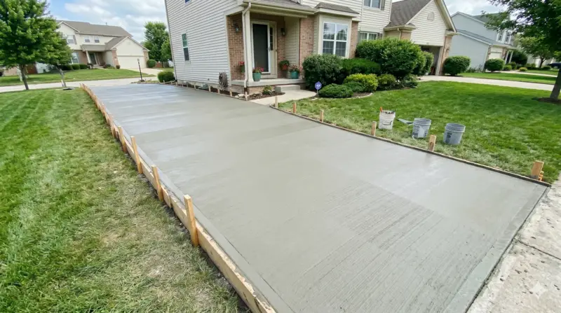 Decorative concrete driveway installation by Goshen Solutions